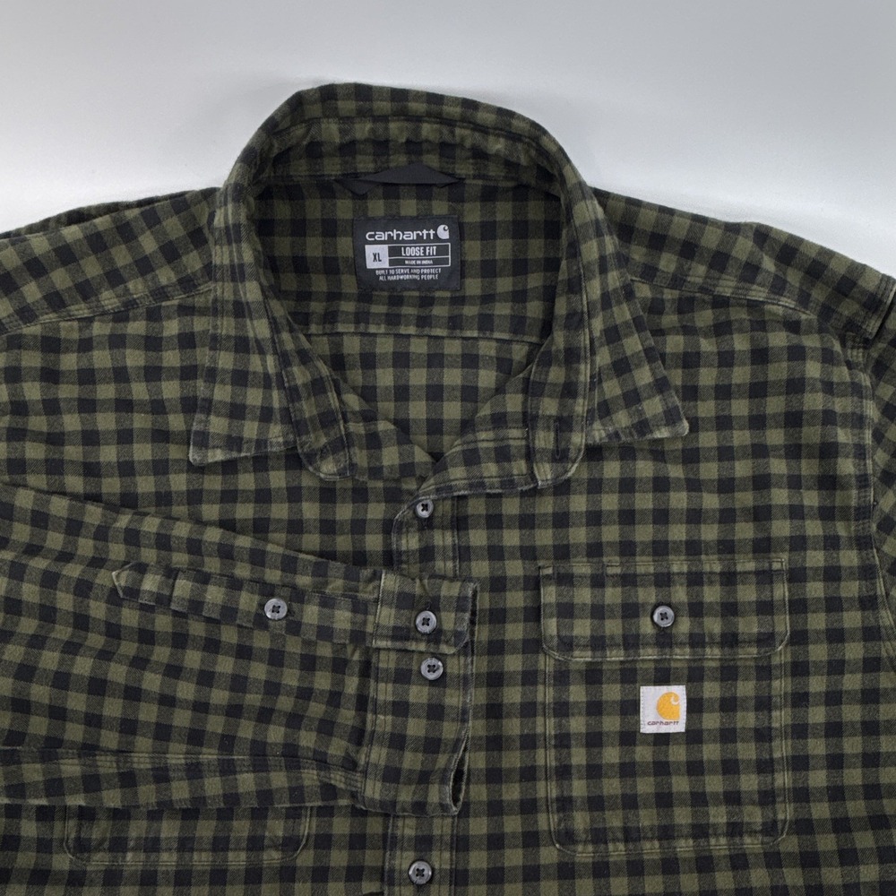Carhartt TW4451-M Mens XL Flannel Check Green Black Loose Fit Button Up Shirt